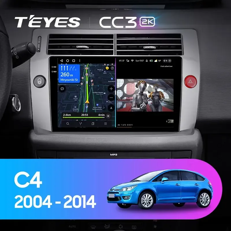Комплект магнитолы TEYES CC3 2K 9.5" для Citroen C4 I 2004-2014